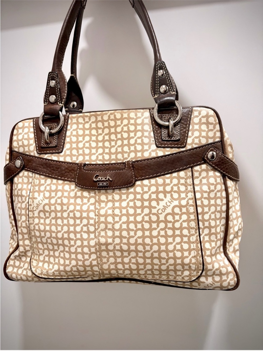 Coach Beige Signature Satchel with Brown Leather Trim